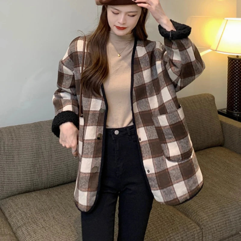 Koisoon Vintage Women Wool Coats Winter Thick Casual Long Sleeve V Neck Loose Jacket Warm Simple Black White Female Clothes