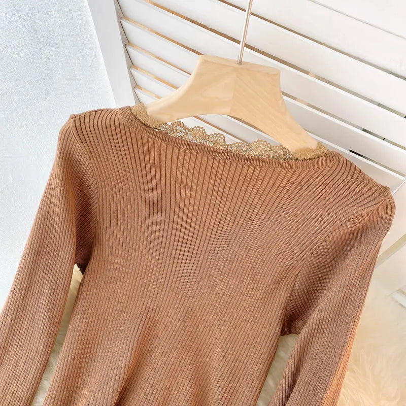 Koisoon Elegant Lace Women Cardigan Sweater Autumn Casual Long Sleeve Knit Crop Tops Elastic Slim Solid Color Short Jacket