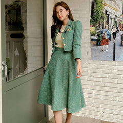 Koisoon Green Plaid Tweed Autumn Two Piece Set Women Single Breasted Woolen Coats + Tweed Long Midi Skirts Set Tracksuit Korea