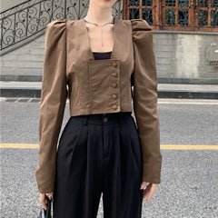 Koisoon Elegant Women Shirts Autumn Fashion Square Collar Korean Puff Sleeve High Waist Crop Tops Single Breasted Female Shirt