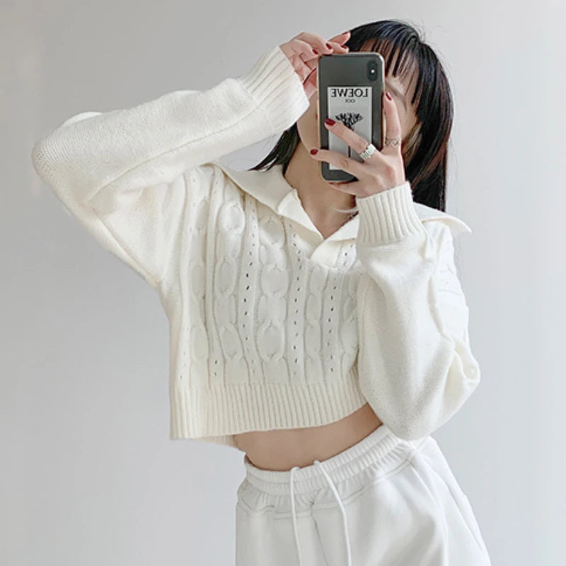 Koisoon Pullover Women Sweater Loose Knitted Twist Tops Fashion Long Sleeve Winter High Waist Harajuku Crop Tops Sweater New