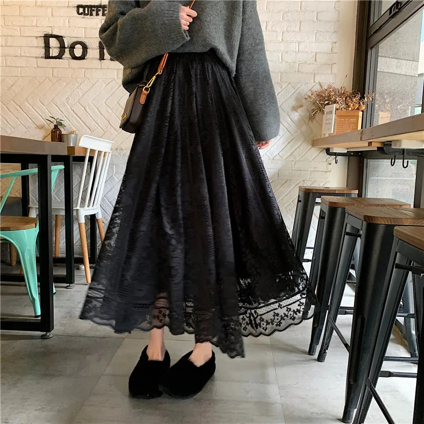 Koisoon Elastic High Waist Lace Skirts Womens Spring Autumn New Korean Elegant Casual A-line Black Long Skirt Female