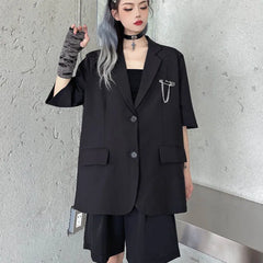 Koisoon Black Gothic Women Thin Blazers Summer Short Sleeve Fashion Button Up Long Jacket High Street Korean Female Coats  New