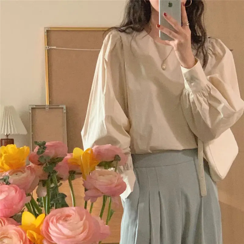 Koisoon Minimalist Brief Puff Sleeves Office Lady Vintage Tops New Solid Retro Chic Loose All Match Streetwear Blouses