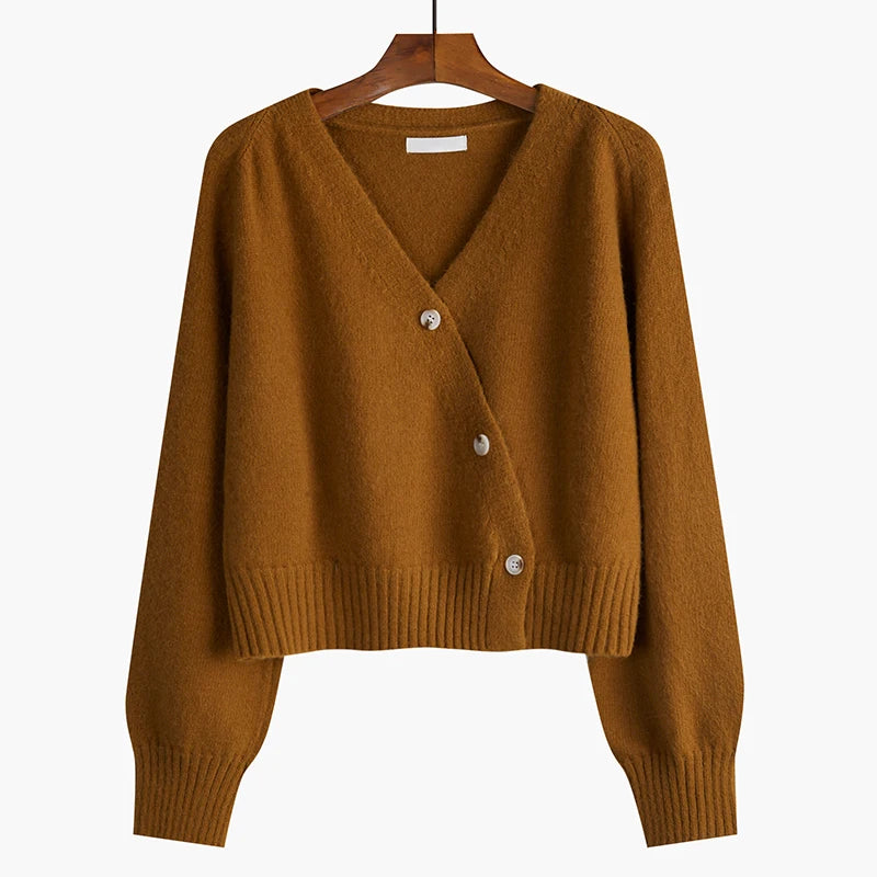 Koisoon Loose Women Cardigan Sweater Knit Fall Long Sleeve Cute Single Button Crop Sweater  Fashion V Neck All Match Short Jacket