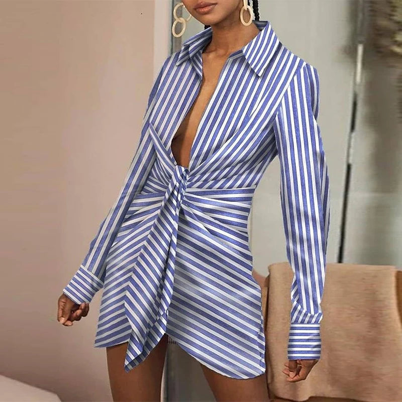 Koisoon Women Elegant Turn-Down Collar Folds Party Dress Casual Striped Ladies Mini Shirt Dresses Autumn Long Sleeve Slim Fit Vestidos