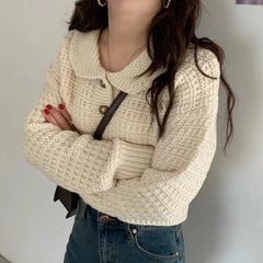 Koisoon Cute Peter Pan Collar Women Cardigan Sweater Loose Knitted Long Sleeve Korean Chic Jumper Coat Loose Button Up Jackets