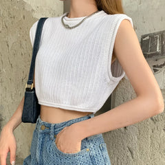 Koisoon Loose Women Vest Tanks Summer Sleeveless Solid White Knit Korean Pullover O Neck Crop Tops Casual Hollow Out Thin Tops