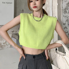 Koisoon Loose Women Vest Tanks Summer Sleeveless Solid White Knit Korean Pullover O Neck Crop Tops Casual Hollow Out Thin Tops