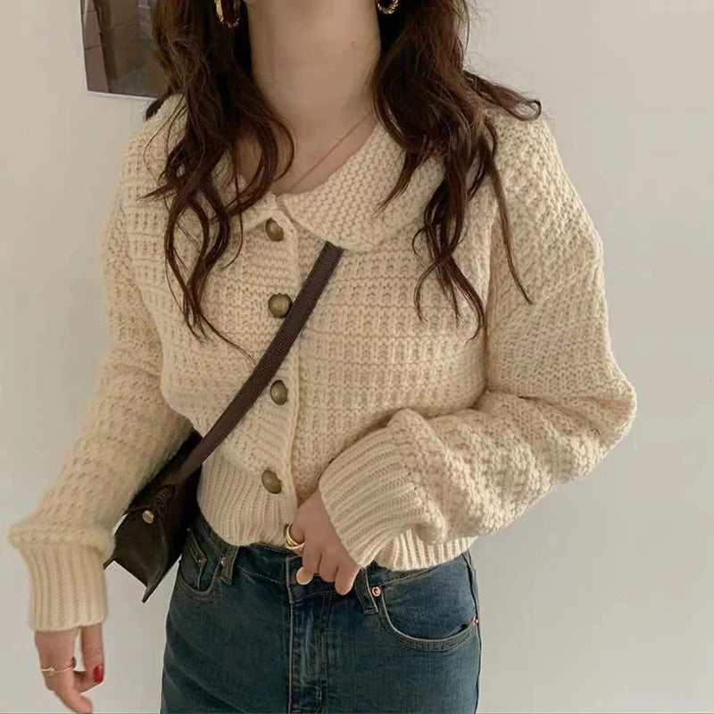 Koisoon Cute Peter Pan Collar Women Cardigan Sweater Loose Knitted Long Sleeve Korean Chic Jumper Coat Loose Button Up Jackets