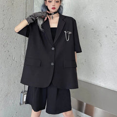 Koisoon Black Gothic Women Thin Blazers Summer Short Sleeve Fashion Button Up Long Jacket High Street Korean Female Coats  New