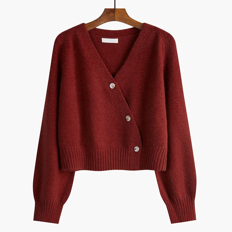 Koisoon Loose Women Cardigan Sweater Knit Fall Long Sleeve Cute Single Button Crop Sweater  Fashion V Neck All Match Short Jacket