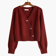 Koisoon Loose Women Cardigan Sweater Knit Fall Long Sleeve Cute Single Button Crop Sweater  Fashion V Neck All Match Short Jacket