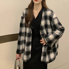 Koisoon Vintage Women Wool Coats Winter Thick Casual Long Sleeve V Neck Loose Jacket Warm Simple Black White Female Clothes