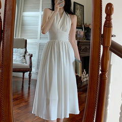 Koisoon White Elegant Halter Dress Women Sexy Backless Korean Party Midi Dress Female Sleeveless V-neck Vintage Dresses for Women