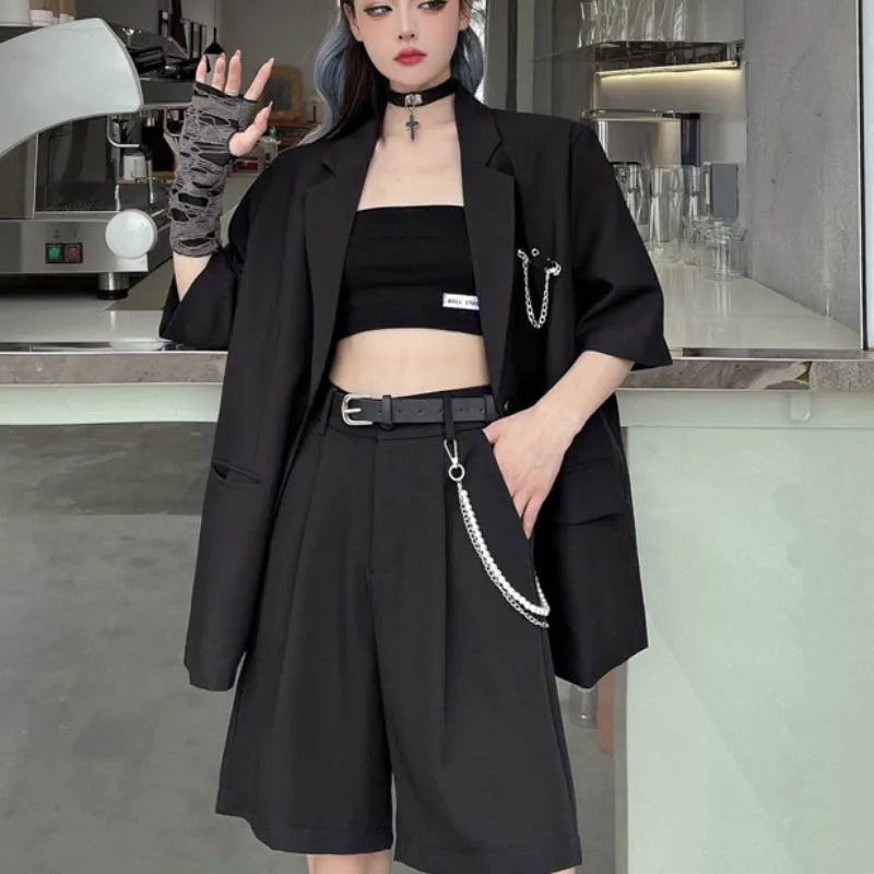 Koisoon Black Gothic Women Thin Blazers Summer Short Sleeve Fashion Button Up Long Jacket High Street Korean Female Coats  New