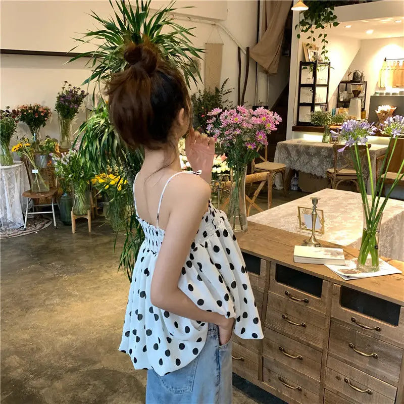 Koisoon Polka Dot Tanks Camis Women Summer Casual Folds Backless Design Korean Chic Tops Female French Chiffon Short Party Clothing