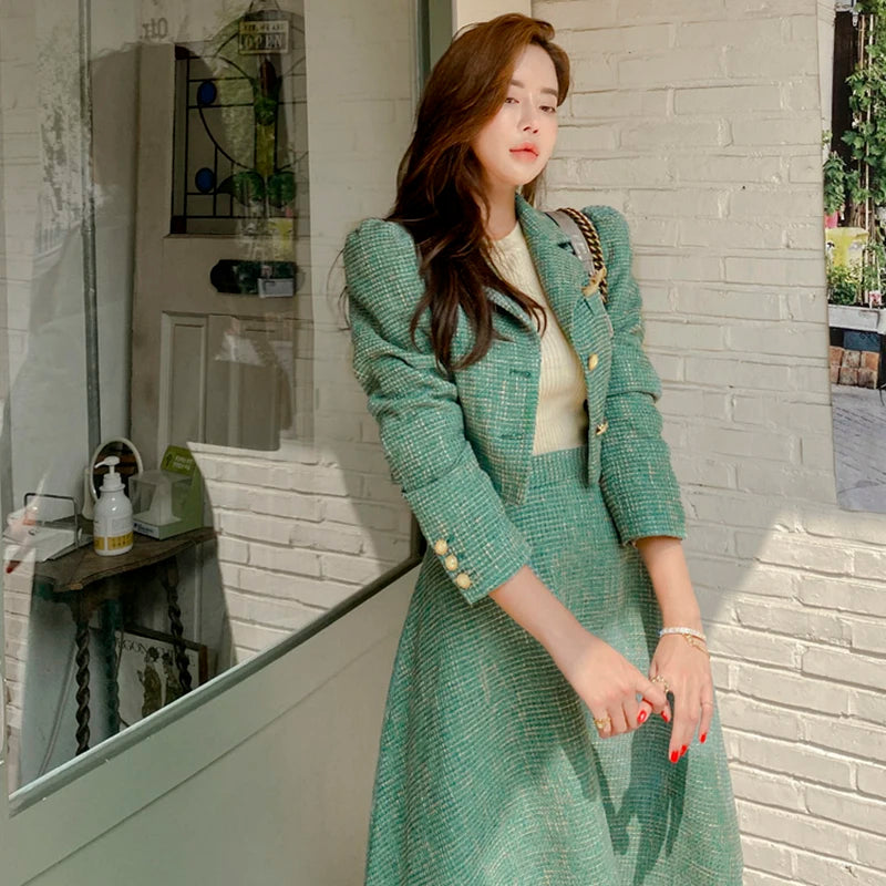 Koisoon Green Plaid Tweed Autumn Two Piece Set Women Single Breasted Woolen Coats + Tweed Long Midi Skirts Set Tracksuit Korea