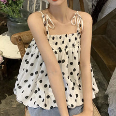 Koisoon Polka Dot Tanks Camis Women Summer Casual Folds Backless Design Korean Chic Tops Female French Chiffon Short Party Clothing