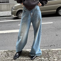 going out outfits Retro Trendy Casual Washed Old Loose Draping Straight Slimming Cat Beard Denim Wide Leg Pants