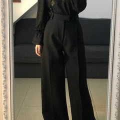 work outfits women Yujie Style Texture Long-Sleeved Shirt Suit Women's Autumn High Waist Straight Wide-Leg Pants Elegant Black Lantern Sleeve Top