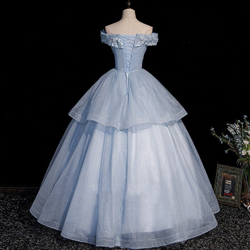 prom dresses Blue Evening Dress 2024 Pettiskirt off-Shoulder Performance Dress Vocal Dress Host Banquet Colored Yarn