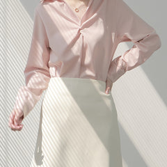 trending fall outfits 2024 Spring and Autumn Pink Draping Shirt Women's Slimming Light Familiar Small Hong Kong Style Satin Top