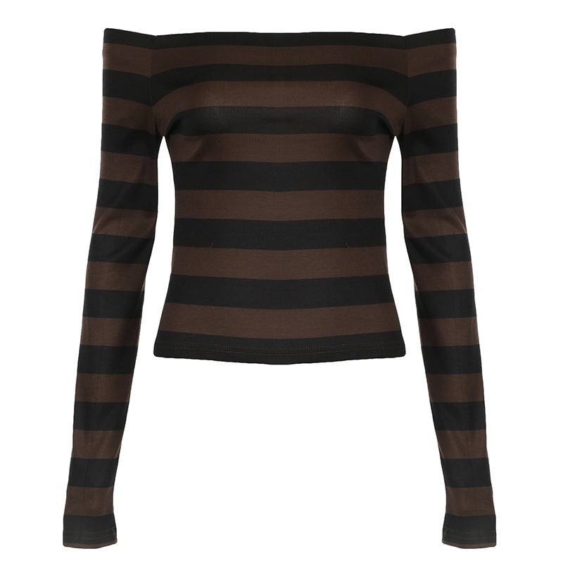 grunge dti off-Shoulder Contrast Color Striped T-shirt 2024 Autumn New Women's Slim Slimming Long Sleeve Knitted Top