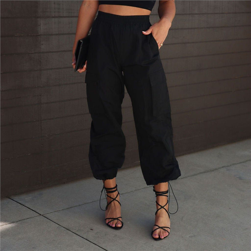 curvy casual outfits 2024 Multi-Pocket Overalls Women's Elastic Waist Loose Drawstring Ankle-Tied Woven Casual Trousers