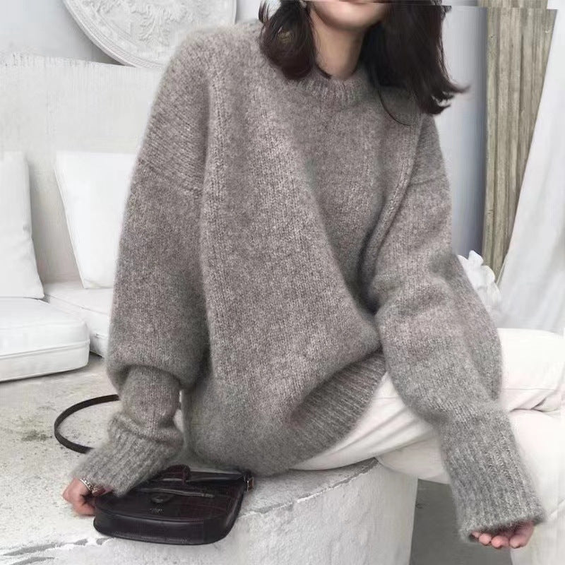 datenight fall outfits Korean Style Large Lazy Style round Neck Pullover Women's Autumn and Winter Solid Color Loose Bottoming Sweater Women