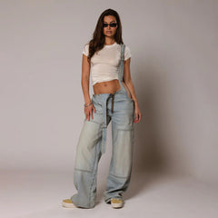 =summer outfits inspo Street Style Low Waist Suspender One-Piece Wide Leg Jeans Summer New Personalized Hot Girl Distressed Straight Trousers