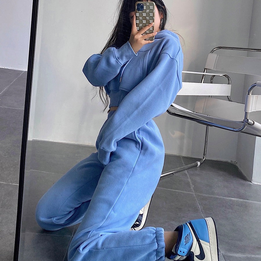 business casual outfits for women Spring 2024 Street Hooded Short Pocket Spring and Autumn Sweater High Waist Loose Ankle-Tied Sweatpants Suit