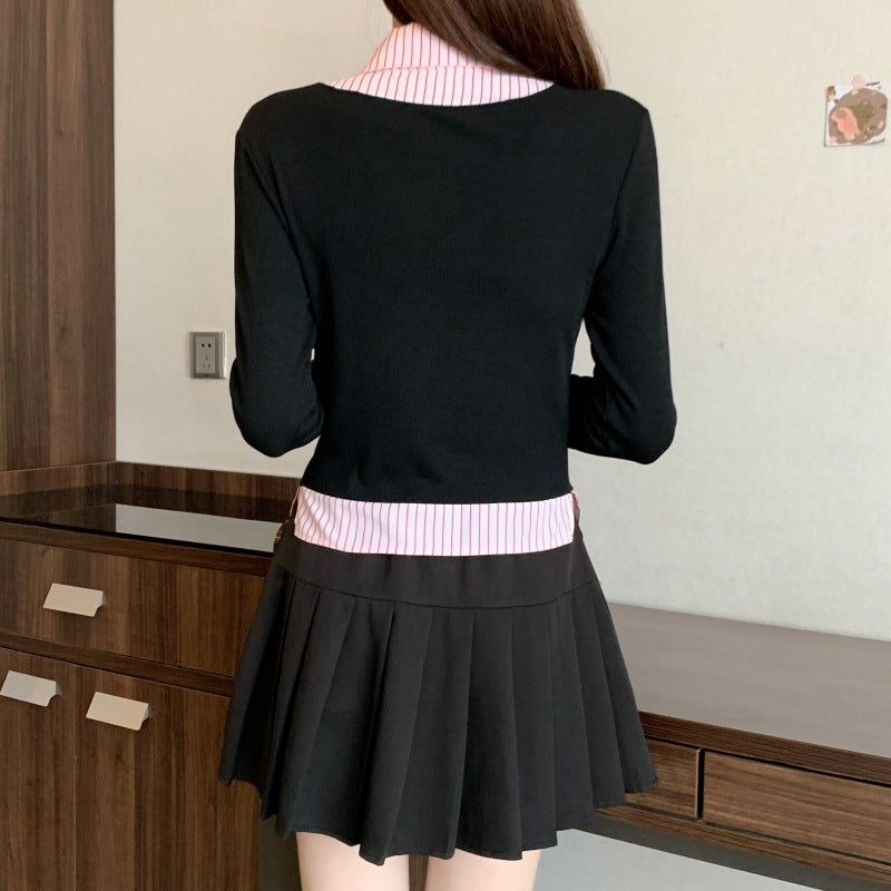 2000s fashion plus Size Women's Clothing 2024 Spring New Korean Style Fashionable Contrast Color Waist Slimming Stitching Fake Two-Piece Shirt