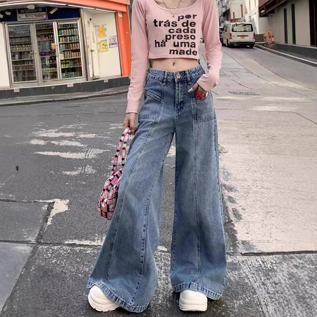 outfit ideas for school Spring and Autumn 2024 New American High Waist Wide Leg Versatile Jeans Women's Loose Slimming Split Pants Fashion