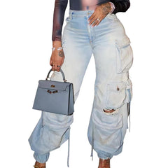 y2k Multi-Bag Jeans Workwear Casual Locomotive Street Style Heavy Industry Washing Ripped Pants