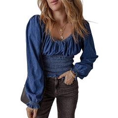 teacher outfits Fall 2024 Retro Trendy V-neck Denim Pullover Women's Fashionable Pleated Ruffled Long Sleeve Top Women