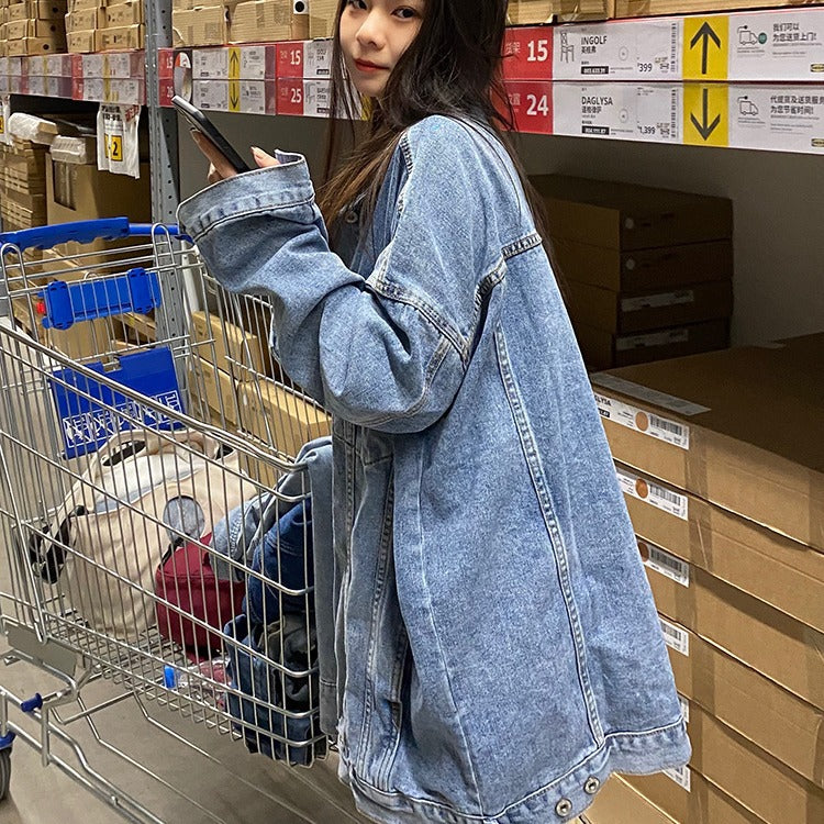 senior jeans Oversize Denim Coat Women's Loose plus Size Spring and Autumn New Mid-Length BF Lazy Style Couple Retro Top