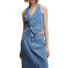 barn jacket outfits American Retro Hot Girl V-neck Breasted Denim Sleeveless Vest Slim-Fit Pocket Short Vest