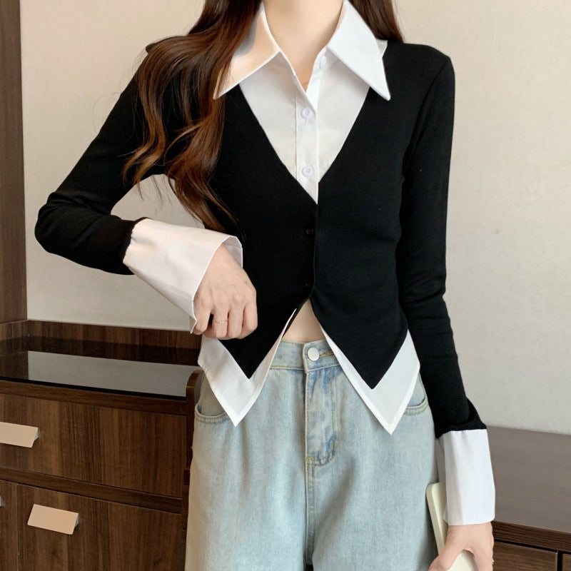 2000s fashion plus Size Women's Clothing 2024 Spring New Korean Style Fashionable Contrast Color Waist Slimming Stitching Fake Two-Piece Shirt