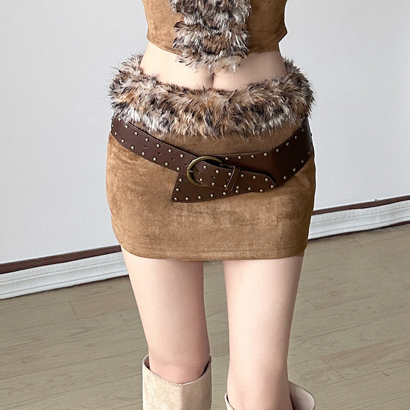 mcbling dress to impress INS Fashion Sexy Hot Girl Leopard Print Fur Stitching Suede Slim Halter Tube Top 2024 New