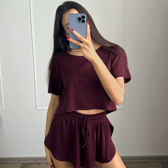 summer fits Spring New Knitted round Neck Black Women's Home Wear Casual Short Sleeve Shorts Pajamas Two-Piece Set