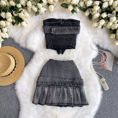 concert outfit dress to impress Hot Girl Fried Street Suit Women's Ins Wear American Slim Irregular Tube Top Vest Denim Pleated Skirt