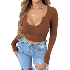 pumpkin patch outfit Women's Sweet and Spicy Style U-Neck T-shirt Autumn and Winter Short Navel Sexy Hot Girl Long-Sleeved Top