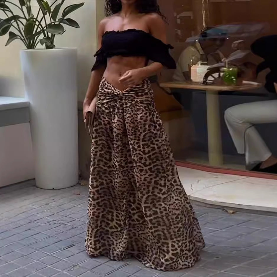 clothes 2024 Summer Fashion Casual Short-Sleeved Pleated Top Leopard Skirt Two-Piece Set