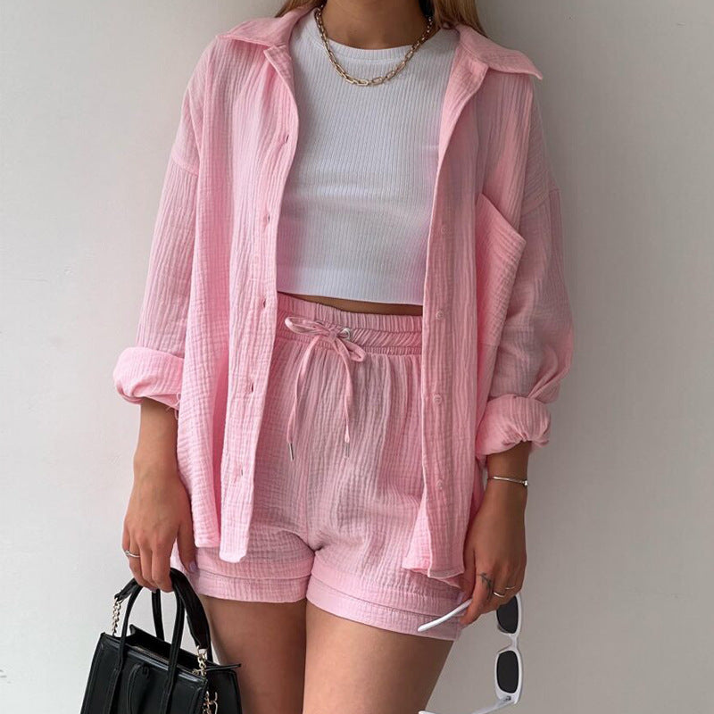 going out outfits 2024 Women's Ruffle Lapel Long Sleeve Shirt High Waist Drawstring Shorts Fashion Casual Two-Piece Set