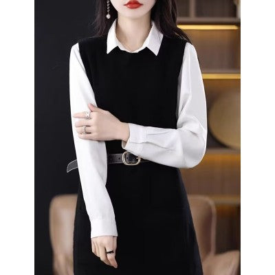 datenight fall outfits Double-Pocket Long Vest Autumn and Winter round Neck Mid-Length Sleeveless Knitted Dress Fashionable Temperament Vest Dress for Women