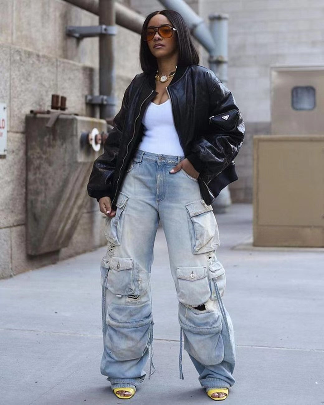 y2k Multi-Bag Jeans Workwear Casual Locomotive Street Style Heavy Industry Washing Ripped Pants