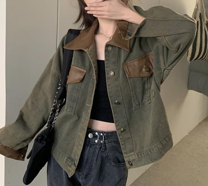 =fall outfits women aesthetic American Retro Trendy Sweet Cool Stitching Workwear Denim Coat Women's Autumn Korean Style Loose Casual All-Matching Jacket Fashion