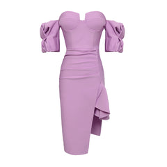 rainforest dress to impress Summer New Purple Puff Sleeve off-Shoulder Ruffled Mid-Length Bandage Dress Sexy Tight Style