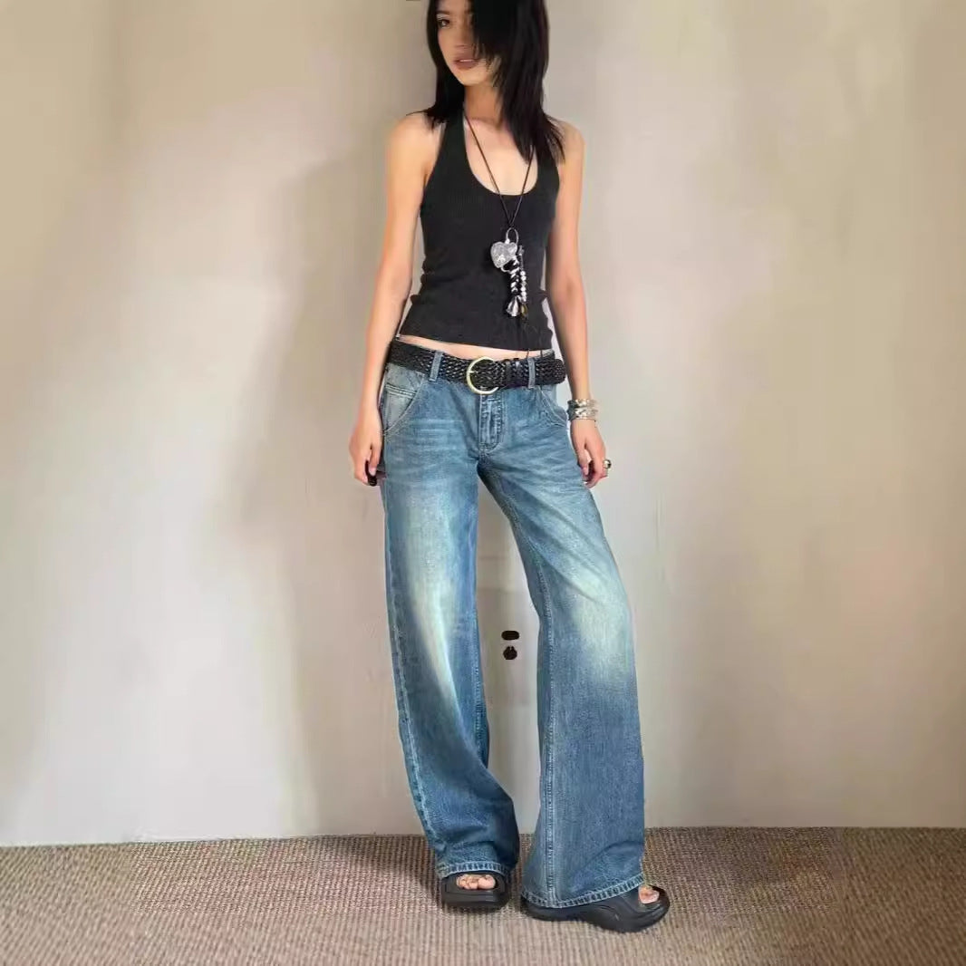 going out outfits Retro Blue Distressed Washed Low Waist Jeans Women's High Street Loose Slimming Wide Leg Straight Pants All-Matching